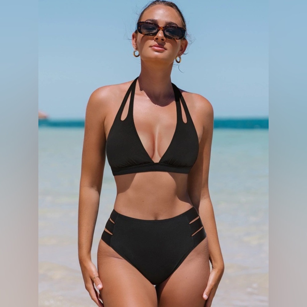 Popvil Black Halter Cutout High Waisted Black Bikini Set